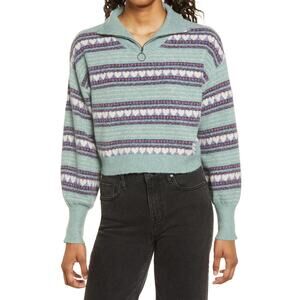 BP Womens Heart Pattern Quarter Zip Cropped Sweater Size S Pastel Green Fuzzy